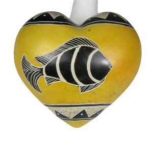 Carved Stone Heart Shaped 2.4 inch Tribal Design Fish Carving Yellow